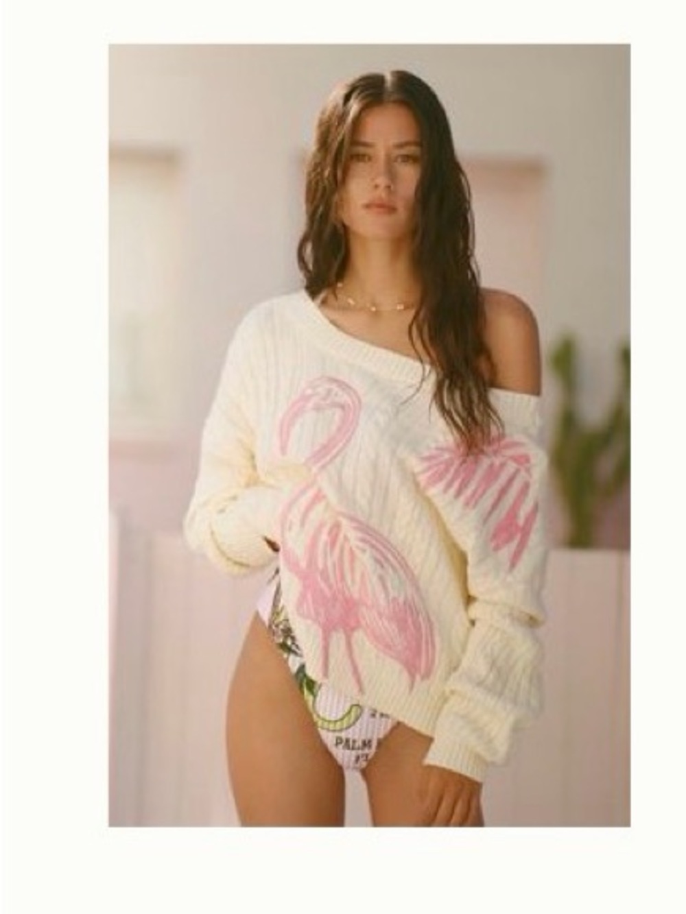 Anthropologie Celendine Cream Off-the-Shoulder Sweater with Pink Flamingo Motif